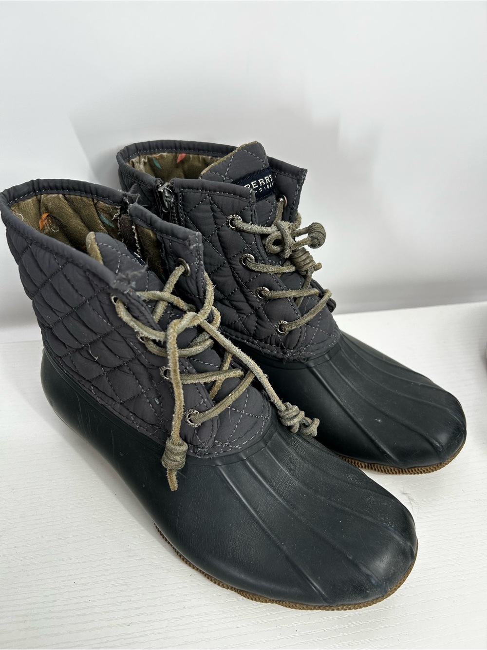 Sperry Black Quilted Duck Boots with Olive Laces